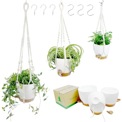 Hanging Planters with Macrame Plant Hangers for Indoor Outdoor Plants, 3 Set Hanging Baskets Flower Pots Holders 35''/27''/21'', Self-Watering Pots 7''/6''/5.5'', Boho Home Decor, White - color: White