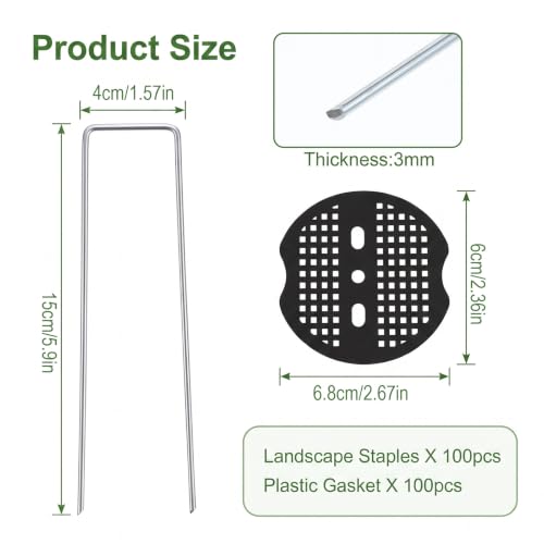 200PCS Garden Stakes Staples 6 inch Landscape Fabric Pins Lawn 100Pcs U Shaped Galvanized Staples Ground Stakes Landscaping Pins with 100Pcs Gasket for Weeds Barrier Plant Cover Decoration