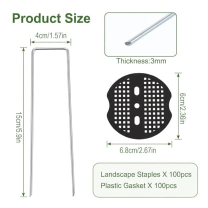200PCS Garden Stakes Staples 6 inch Landscape Fabric Pins Lawn 100Pcs U Shaped Galvanized Staples Ground Stakes Landscaping Pins with 100Pcs Gasket for Weeds Barrier Plant Cover Decoration