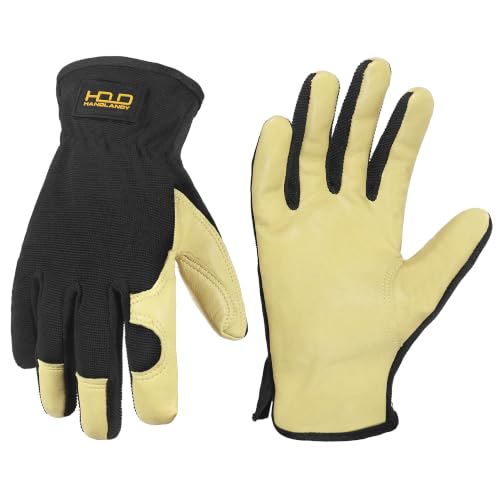 HANDLANDY Leather Gardening Gloves, Leather Work Gloves for Men Women - color: Beige-black (1 Pair), size: X-Large