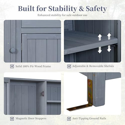 Merax Outdoor Garden Potting Bench with Hutch, 65" H Solid Fir Wood Patio Garden Workstation Tabl with Large Countertop, Adjustable Shelves, Door Rack, Side Hook and Drawer, Gray - color: Gray
