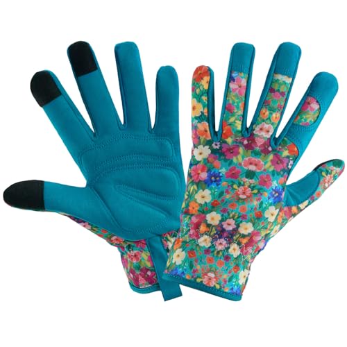 Gardening Gloves for Women, Touchscreen Printed Thorn-Proof - color: Floral 2, size: Medium
