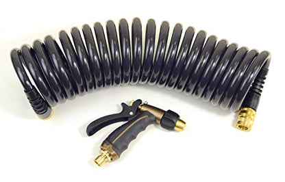 Hose Kit: 1/2" ID x 25' HP Quality Coiled Hose (Charcoal Gray) with Metal Body Spray Nozzle and Brass Quick Release Swivel Connector - size: 1/2" ID Hose Kit