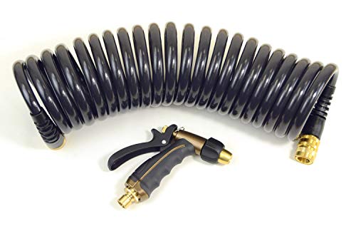 Hose Kit: 1/2" ID x 25' HP Quality Coiled Hose (Charcoal Gray) with Metal Body Spray Nozzle and Brass Quick Release Swivel Connector - size: 1/2" ID Hose Kit