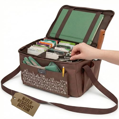 SEED STORAGE ORGANIZER TOTE BAG - Flexible Canvas Seed Organizer Holds 180 Seed Packets with Shoulder Strap, Side Pockets and 12 reusable Tabs for Gardeners | Water Resistant Bottom, Notebook Straps