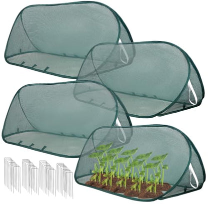 4 Pcs Pop Up Garden Mesh Plant Cover, 39" x 15" x 15" Foldable Plant Protector Net Cage for Raised Beds, Vegetables, Fruits and Seedlings, Bird Insect Animal Barrier Garden Row Cover,with 24 Stakes