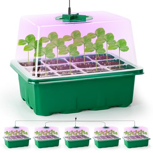 The Bundle of Bonviee 5 Packs Seed Starter Tray with Grow Light and 36 Packs Variety Sizes Clear Nursery Pots