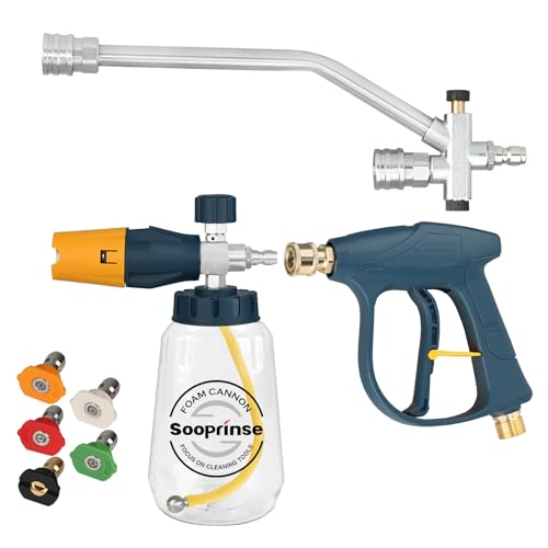 Sooprinse Pressure Washer Foam Cannon with Short Pressure Washer Gun, Dual Connector Accessory, Snow Soap Attachment for Car Wash, 5 Nozzles Tips with 1/4” Quick Connect， 4000 PSI - color: Blackish Green +yellow