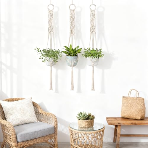 Mkono 3 Pack 39 Inch Macrame Plant Hangers Indoor Wall Hanging Planter Basket Flower Pot Holder Boho Home Decor, Ivory