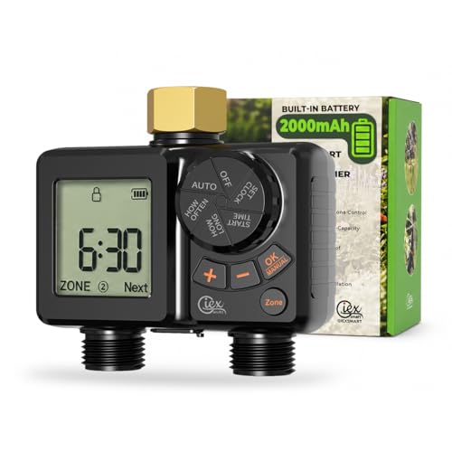 GIEX Rechargeable Sprinkler Timer 2 Zone, Programmable Water Hose Timer 2 Outlet with Brass Inlet, Built-in Rechargeable Battery, Rain Delay & Manual Watering for Garden, Lawn, Yard