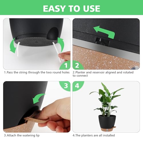 Self Watering Planter Set with Visual Water Level, 6Pack Small Plastic Pot with Drainage Holes and Reservoir Saucers, Modern 8+7+6.5+6+5.5+5 Inch Bottom Watering Flower Pots for Indoor Plant - Black - color: Black-small