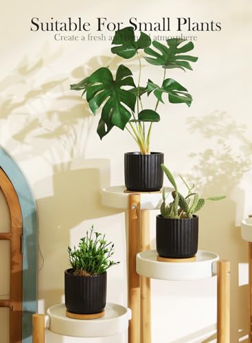 4 Inch Ceramic Plant Pots, Small Succulent Pot with Drainage Hole & Saucer - color: Stripe Pure Black