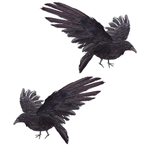 Etistta 2-Pack Realistic Crows Lifesize Extra Large Handmade Black Feathered Crow for Halloween Decorations Birds, XL (15 inch+15 inch) - size: XL (15in+15in)