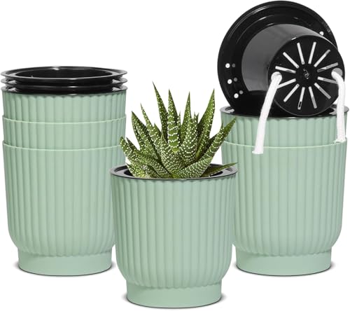 T4U Self Watering Pots for Indoor Plants, 4 Inch 6 Pack Planter Green - color: Seafoam Green, size: 4 Inch