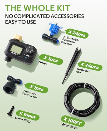 HIRALIY 100FT Drip Irrigation Kit with Timer, Pressure Compensated - size: 100FT