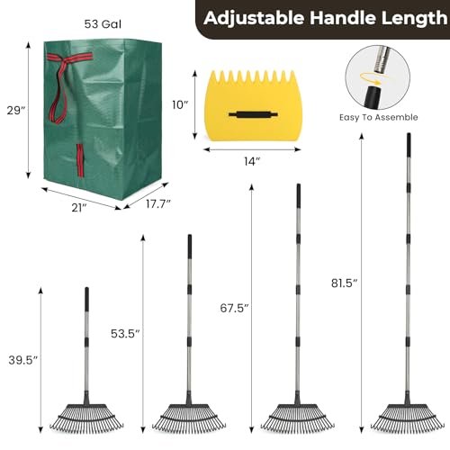 Rake for Leaves - 25 Tines Heavy Duty Metal Rake Set with Leaf Scoops & 53 Gallon Bag, Adjustable 67.5" Garden Rake, 3-in-1 Tool for Yard Pine Needle Grass Cleanup