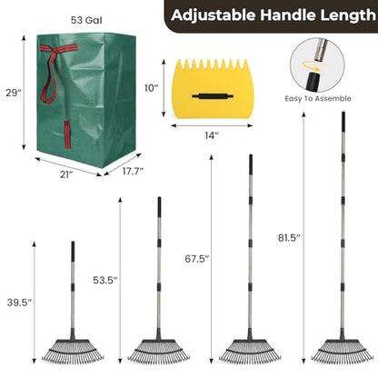 Rake for Leaves - 25 Tines Heavy Duty Metal Rake Set with Leaf Scoops & 53 Gallon Bag, Adjustable 67.5" Garden Rake, 3-in-1 Tool for Yard Pine Needle Grass Cleanup
