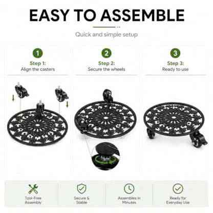 2 Pack 11" Plant Caddy with Wheels, Heavy Duty Metal, Black - color: Round Metal Black, size: 11 INCH 2PCS