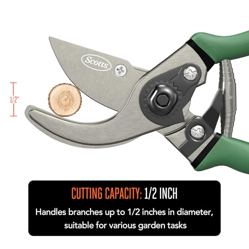 Scotts 8 in. Bypass Pruning Shears – 1/2 in. Cutting Capacity; Gardening Hand Pruner with Sharp Carbon Steel Blade and Non-Slip Grip – Lightweight Garden Tool for Live Plants and Soft Stems - style: Bypass Pruner