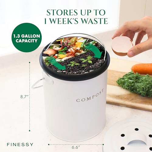 FINESSY Kitchen Compost Bin Countertop White, Indoor Composter 1.3 Gallon - color: Luxe White
