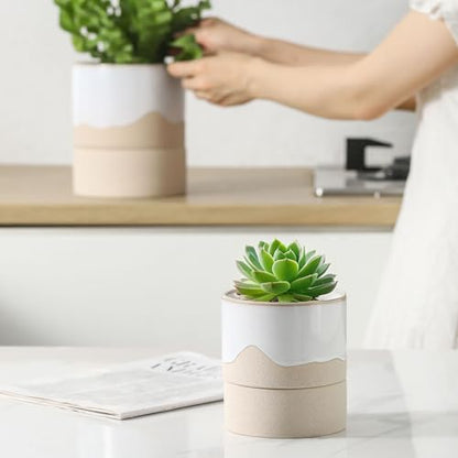 Nihow Self Watering Ceramic Planter, 4.5+6 Inch, White & Nature - color: White & Nature, size: 4.5"+6" Self Watering
