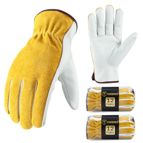 OZERO Leather Work & Gardening Gloves, EN388, 24 Pairs, Gold/Light Cyan, L - color: Gold/Light Cyan(24 Pair), size: Large