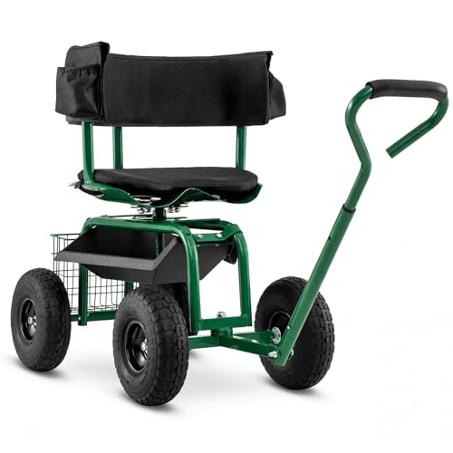Goplus Garden Seat with Wheels, Rolling Gardening Stool with Adjustable 360° Swivel Seat, Tool Tray & Storage Basket, Extendable Handle, Outdoor Gardening Scooter, Garden Cart Workseat for Seniors - color: Green