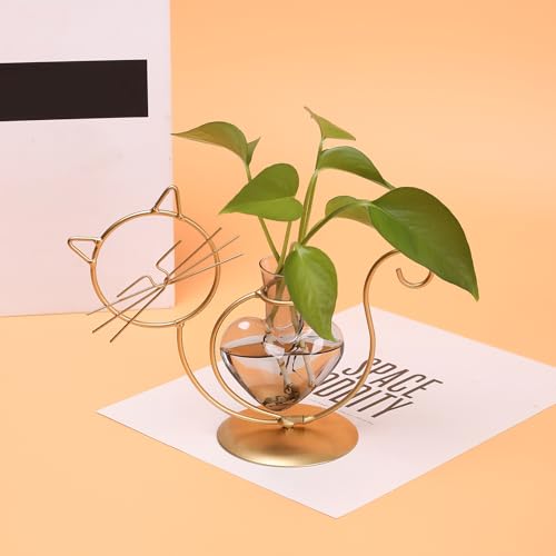 Plant Terrarium Propagation Station Gifts for Women Cat Lover - color: Gold Gray