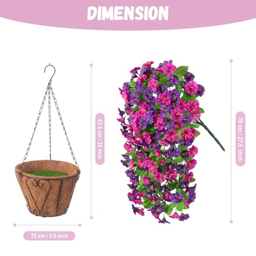 Artificial Flowers with Hanging Basket, Outdoor Faux Plants UV Resistant - color: Purple Red Violet
