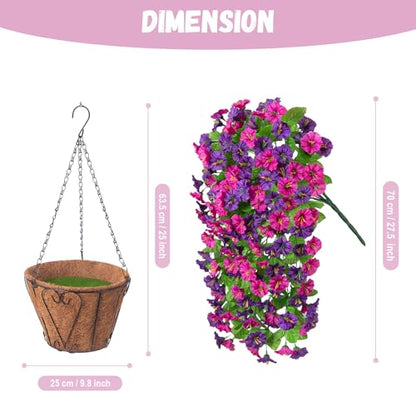 Artificial Flowers with Hanging Basket, Outdoor Faux Plants UV Resistant - color: Purple Red Violet