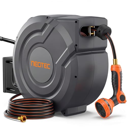 NEO-TEC 115 ft x 5/8 inch Retractable Garden Hose Reel Any Length Lock 9 Sprayer Nozzle Automatic Slow Return Heavy Duty 180° Swivel Wall-Mounted Hose Reels for Outside UV Resistant - size: 5/8 Inch 115 ft