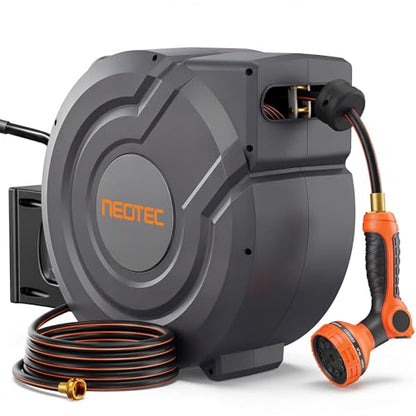 NEO-TEC 115 ft x 5/8 inch Retractable Garden Hose Reel Any Length Lock 9 Sprayer Nozzle Automatic Slow Return Heavy Duty 180° Swivel Wall-Mounted Hose Reels for Outside UV Resistant - size: 5/8 Inch 115 ft