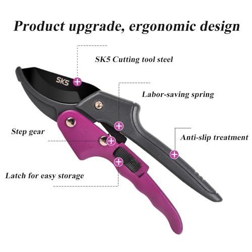 Premium 8 inch garden clippers, 3 Times Easy to Work, Arthritis Weak Hand Snips (Pulley lever -pruners- Purple) - color: Purple