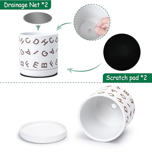 D'vine Dev Set of 2 Ceramic Planter Pots with Drainage Hole and Saucer, 6 Inch Plant Pots for Plants Indoor Houseplants, White, 99-Z-G-1-Y - size: 6", style: Letters White
