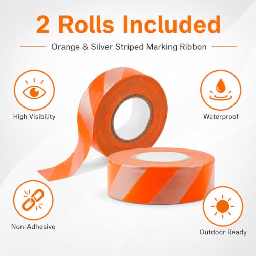 Notoke 2 Rolls Flagging Tape with Orange Silver Stripes, 1 inch x 300ft Non Adhesive PVC Marking Ribbon Surveyors Tape for Hunting Trail Boundaries Hazardous Areas Marking Halloween Party Decors