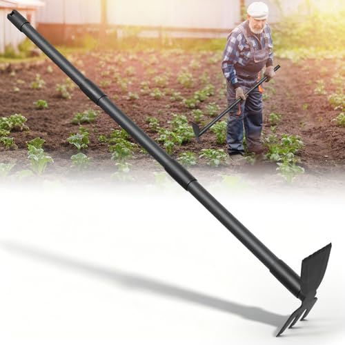 Weed Puller Tool with 45.5" Long Handle, 2 in 1 Small Garden Weeding Hoe & Rake, Handheld Stand Up Hoe Garden Tool for Lawn, Garden, Yard, Flower Bed, Patio & Small Farm