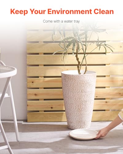 VEVOR Set of 2 Tall Outdoor Planters 21" H, Round Large Planters for Front Porch and Patio, Stone Finish Flower Tree Plant Pots - color: Beige, size: 21 inch
