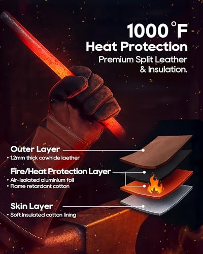TOPDC Welding Gloves 16Inch 1000℉ Heat Resistant Leather for MIG Stick, S - color: 16 Inch Black-brown (Small)
