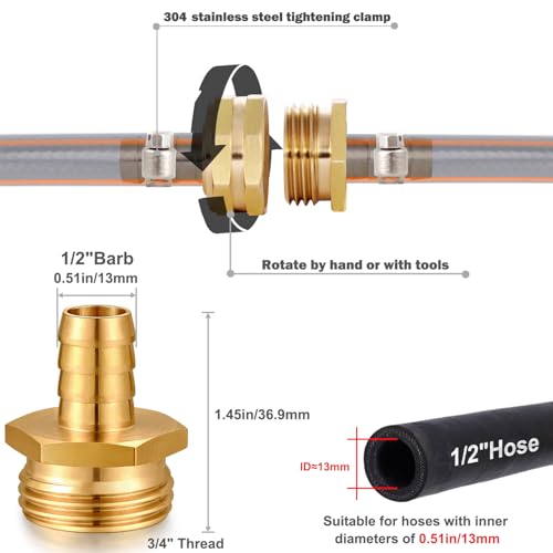 Solid Brass Garden Hose Repair kit Connector with Stainless Steel Clamps, Male Adapter/Female Garden Hose Swivel Fitting… (1/2" Barb x 3/4" Male -2 Sets) - size: 1/2" Barb x 3/4" Male -2 Sets