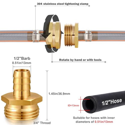 Solid Brass Garden Hose Repair kit Connector with Stainless Steel Clamps, Male Adapter/Female Garden Hose Swivel Fitting… (1/2" Barb x 3/4" Male -2 Sets) - size: 1/2" Barb x 3/4" Male -2 Sets