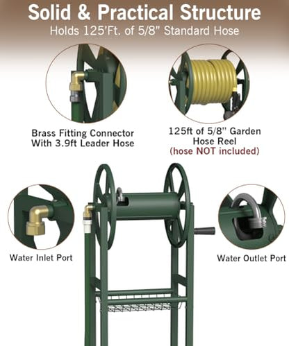 Garbuildman Ground Mount Garden Hose Reel Holds 125 Feet of 5/8-Inch with 3.9 ft Leader Hose, Brass Fitting, Water Hose Holder Stand with Storage Rack & 4 Spikes Base for Outdoor Lawn, Green - color: Green