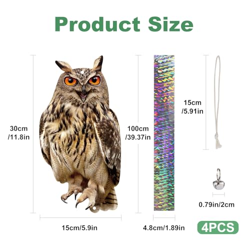 Hanging Plastic Owls for Gardens, 4PCS Reflective Hanging Owl Decoration Woodpecker Control Device with Reflective Tape, Jinging Bell for Garden Patio Windows - color: 4 Brown Owl