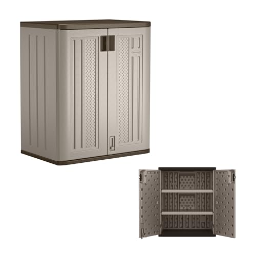 Suncast 9 Cu Ft Base Storage Cabinet, Lockable 2-Shelf Organizer, Platinum
