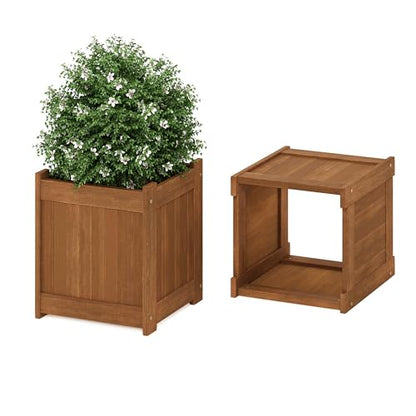 Furinno TIOMAN Planter Box with Bench, Hardwood Flower Box with Seat, Cube Garden Box, in Teak Oil, Outdoor Indoor, Garden, Patio, Balcony, Light Wood - size: 16" x 16" Boxes with 40.5" Wide Bench