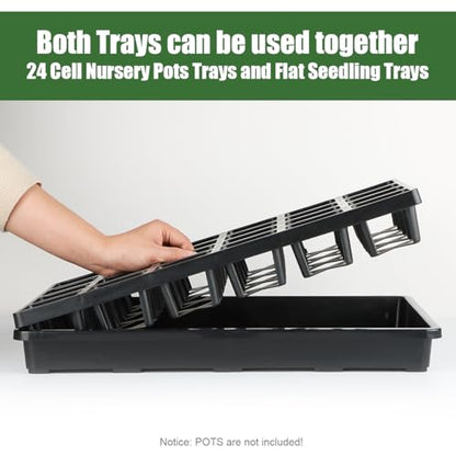 RooTrimmer 24 Cell Nursery Pots Trays (17"x11"x2") with Plastic Flat Seed Starter Trays, Durable Carrying Seedling Starter Tray, Reusable Planting Tray for Holding 2.7 inch Nursery Pots, 3 Sets Combo - color: Black, size: Pot Trays + Flat Trays-3P