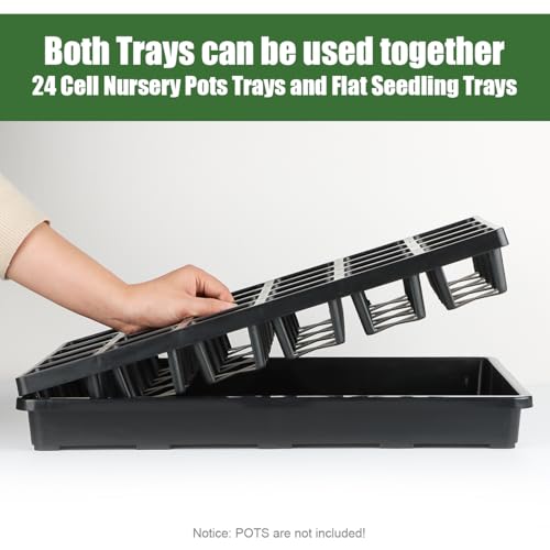 RooTrimmer 24 Cell Nursery Pots Trays (17"x11"x2") with Plastic Flat Seed Starter Trays, Durable Carrying Seedling Starter Tray, Reusable Planting Tray for Holding 2.7 inch Nursery Pots, 3 Sets Combo - color: Black, size: Pot Trays + Flat Trays-3P