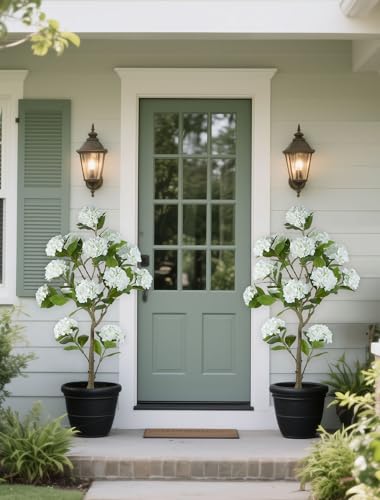 BLOSMON 5ft White Hydrangea Artificial Trees for Front Porch Planters - color: White Hydrangea