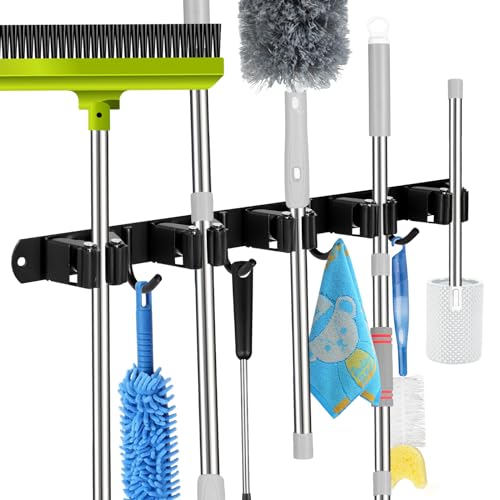 voze [2 Pack] 5 Racks and 4 Hooks Mop and Broom Holder Wall Mount, Self Adhesive Heavy Duty Broom Organizer Storage Tool Racks for Kitchen Garden Laundry Garage Black - color: Black, size: 5 Racks 4 Hooks 2 Packs