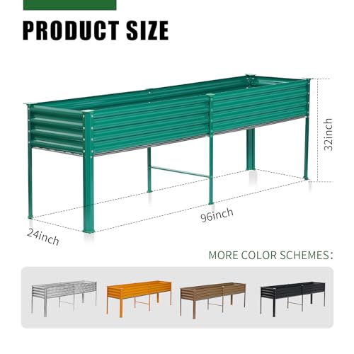 Land Guard Galvanized Raised Garden Bed with Legs, 96×24×32in Raised Garden Beds Outdoor with Drainage Holes, Planter Boxes Outdoor for Backyard, Patio, Balcony, 1200lb Capacity, Green - color: Green, size: 96×24×32in
