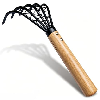 Garden Rake 5-Claw Landscape Dethatcher Thatching Beach Combing Rake for Digging Clam Shell Defoliation Hoe Garden Tool for Loosen The Soil (Brown) - color: Brown